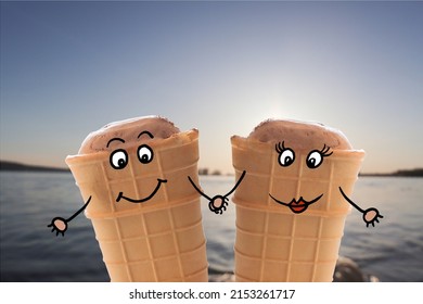 Eis Cartoon Männer. paar Eis auf dem Himmel und Wasser Hintergrund