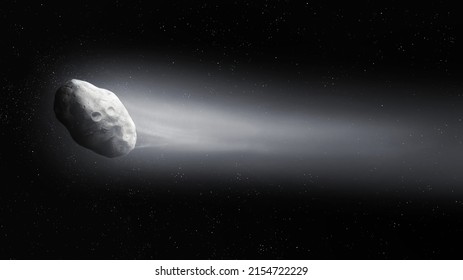 Komeet in de ruimte met een lange heldere staart. Oppervlak van een kosmisch lichaam. Grote asteroïde, meteoriet, komeet.