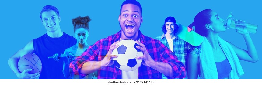 Atletische multiraciale millennial mensen poseren op blauwe studio achtergrond, sportieve jonge mannen en vrouwen oefenen, collage, panorama. Sport, fitness, actieve levensstijl voor millennials concept