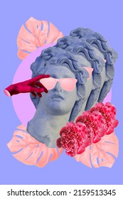 ピンクのサングラス、花、手を持つ古典的な像のコラージュ アート。Vaporwave スタイルの背景。ネオンブルーの彫刻。