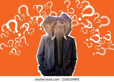 Arte contemporáneo. El hombre con cabeza de elefante está rodeado de signos de interrogación. Un montón de tareas para resolver. El concepto de una multitarea. Animal con cuerpo humano. Obra de arte.