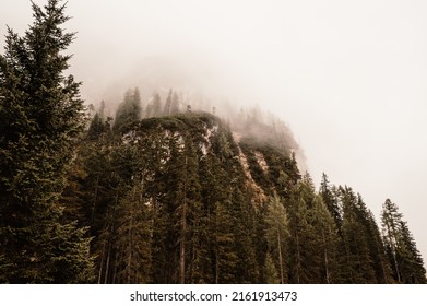Hutan berkabut. Pemandangan gunung berkabut, pegunungan Dolomites, lago di braies, Sudtirol, Italia.