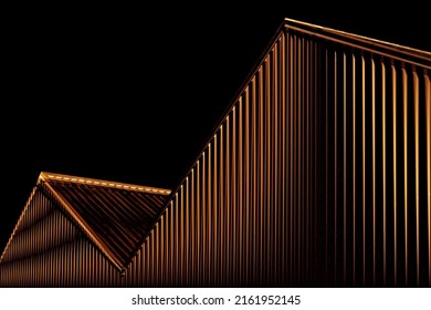 Muret metalike të ndërtesave industriale. Çati me pjerrësi. Arkitektura moderne abstrakte e magazinës në stilin minimal. Model gjeometrik material me trekëndësha, poligone, strukturë këndore dhe vija paralele.