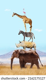 Muchos animales africanos uno encima del otro elefante, rinoceronte, jirafa, león cebra guepardo y otros juntos sobre la montaña Kilimanjaro