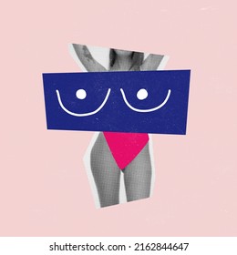 Collage de arte contemporáneo. Imagen conceptual con cuerpo femenino y elementos mamarios dibujados aislados sobre fondo rosa. Aceptación de la belleza natural. Cuerpo-positividad. Concepto de feminismo, problemas sociales.
