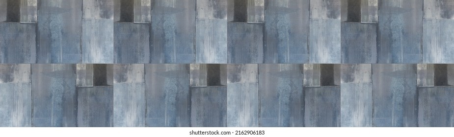Viejo azul gris vintage desgastado geométrico shabby ornamentado mosaico de cerámica mosaico de cemento pared textura fondo banner panorama, con impresión de madera