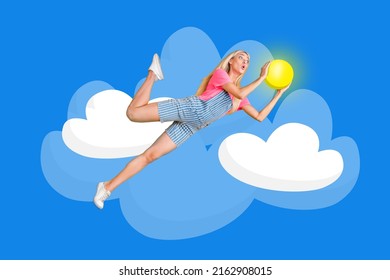 Creative artwork poster of amazed lady hipster jump high catch yellow sun ball isolated realistic draw sky background