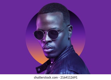 Portrait of african american man wearing leather jacket and round-shaped sunglasses, isolated on purple background with gradient circle. Neon light. Cyberpunk concept