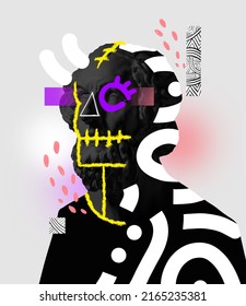 Collage de arte contemporáneo con busto de estatua de color negro antiguo con dibujos de neón. Visión moderna de la cabeza de David. Estilo posmodernista. Concepto de creatividad, escultura, diversión.