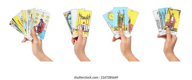 Prim-plan al unei femei care ține cărți de tarot pe fundal alb, colaj. Design banner