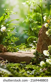 Uma vista frontal de um suporte de rocha em um jardim verde com conteúdo natural em espaço em branco