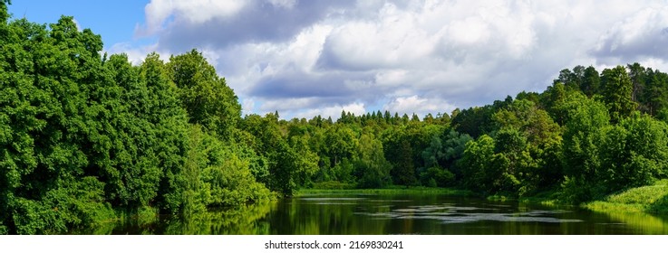 Panoramisch uitzicht op een prachtig bosmeer omringd door loof- en pijnbomen