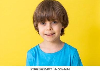handsome little boy in blue shirt, yellow background, banner, space for text. High quality photo