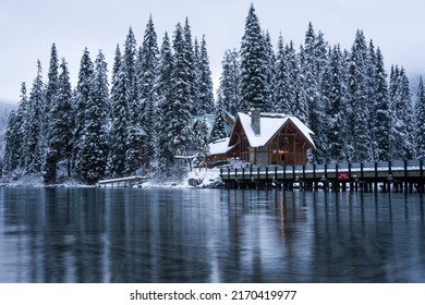 Cabin on Emerald Lake in Winter Time