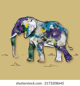 Elephant. Contemporary conceptual art collage with painted animal filled with garbage and plastic waste over brown background. Pollution, saving environment, ecology, world social and eco issues