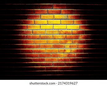 Fondo de foco de luz de escaparate de productos. Pared de ladrillos, fondo, efecto de luz de foco rojo amarillo y negro. Copia el espacio para el texto y el enfoque selectivo.