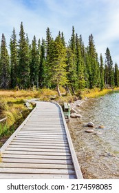 Deck de madera para cruzar el lago. Camino a Alaska. Viaje de otoño al oeste de Canadá. El lago frío y poco profundo está rodeado por un bosque siempre verde. La superficie del lago está cubierta de pequeñas ondas.