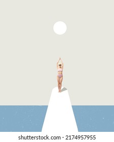Collage zeitgenössischer Kunst. Mädchen im Retro-Badeanzug, der sich darauf vorbereitet, ins Meer zu tauchen. Konzept von Sommer, Mode, Stimmung, Kreativität, Fantasie, Party, Vintage-Stil, Spaß. Kopieren Sie Platz für Anzeige, Poster