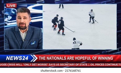 Split-Screen-TV-Nachrichten Live-Bericht: Anchor Talks. Reportage-Bearbeitung: Professionelles Eishockey-Meisterschaftsspiel, Spieler erzielen Tore, Feiern. Fernsehprogramm auf Kabelkanalkonzept.