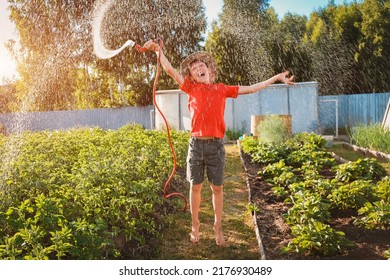 boy child jumping splashing hose water in the backyard in the garden in summer at sunset in the sunshine having fun summer vacation in the village.