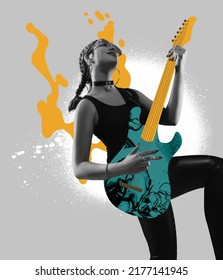 Hedendaagse kunst collage van jonge vrouw palying handgetekende gitaar geïsoleerd op lichte achtergrond. Muziek, festival, evenement, feestconcept. Concept van creativiteit, inspiratie