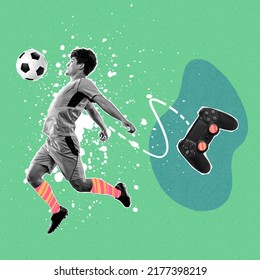 Sport játékok. Kortárs művészeti kollázs. Professzionális férfi futballista mozgásban világos háttér rajzokkal. Sport, eredmények, média, fogadások, hírek, hirdetések és technológia