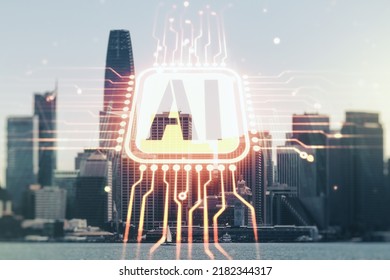 Holograma de símbolo de inteligencia artificial virtual abstracto en el fondo del horizonte de San Francisco. Multiexposición