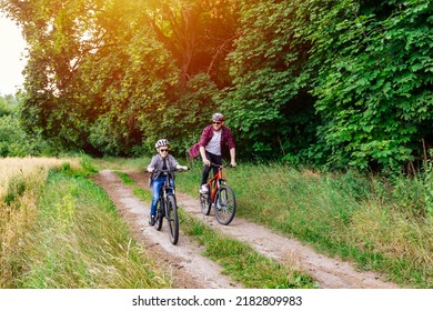 pai e filho andando de bicicleta no campo em um dia quente e ensolarado. Família pedalando