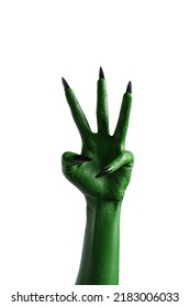 Halloween green color of witches, evil or zombie monster hand isolated on white background, number three fingers.