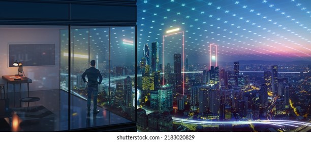 Junger Geschäftsmann, der im Büro steht und die Nachtansicht der modernen Stadt mit abstrakter Polygonmusterverbindung mit Geschwindigkeitslinienlicht beobachtet. SMART Business Goal-Konzept.