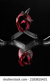 Droge roodroze bloem op de uiteinden van twee vorken met reflectie en donkere achtergrond. Creatief surrealistisch liefdesconcept. Koppels en relaties.
