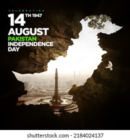 Poster hari kemerdekaan Pakistan dengan latar belakang kumuh dan buram