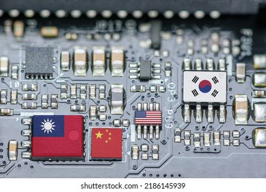 Flag of the Republic of China or Taiwan, China, Korea and USA on a processor, CPU or GPU microchip on a motherboard. Taiwan manufacturing chip industry emerges as battlefront in U.S. - China showdown.