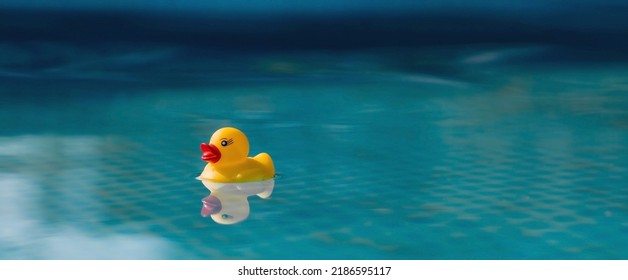 Zomerseizoen, het concept van een kinderspel. Een kleine rubberen gele eend zwemt in het water in het zwembad. Speelgoedclose-up. Een symbool van zwemmen, jeugd, vriendschap, leuk spel.