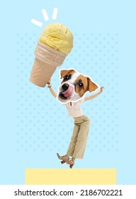 現代美術のコラージュ。青の背景に分離されたアイスクリームを食べるかわいい犬の頭を持つ女性との創造的なデザイン。パーティー、楽しさ、創造性、シュールレアリズム、動物デザインのコンセプト。ポスター、広告
