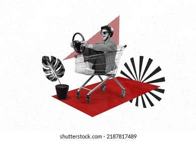Kolase gambar 3d sketsa retro pop pinup pria funky lucu pengemudi baki mobil bersenang-senang latar belakang lukisan terisolasi
