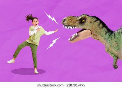 Collage photo of childish girl shocked pointing dinosaur amusement park wow scream isolated on purple color background