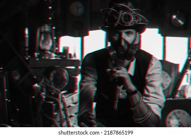 Người đàn ông steampunk đội mũ với kính cyberpunk và mặt nạ phòng độc hóa trang thành một nhân vật ảo của trò chơi máy tính. Khái niệm 3d đen trắng với hiệu ứng trục trặc