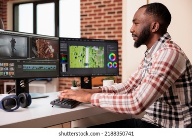 ソフトウェアで映画の映像を編集するグラフィック アーティスト。ビジュアル エフェクトとカラー グレーディングを使用して、ポスト プロダクション コンテンツの映画を編集します。プロのデジタル アプリでビデオ モンタージュを作成します。