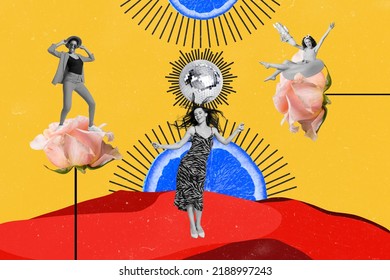 Collage 3d image of pinup pop retro sketch of funny funky ladies having fun together isolated painting background