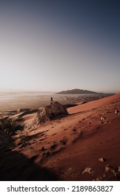 明るい空の下の砂漠の砂丘で一人で岩の上に立っている男の垂直方向のビュー