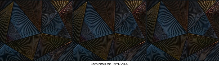 Textura de papel tapiz de azulejo de mosaico triangular abstracto con triángulos estriados geométricos de fondo de cobre plateado dorado metálico banner panorama fondos de patrones sin fisuras