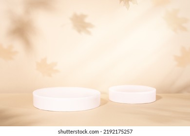 Concepto de otoño con podios cilíndricos para la presentación de productos promocionales. Formas geométricas y sombras de las hojas del arce en una pared. Escena otoñal abstracta con espacio para copiar.