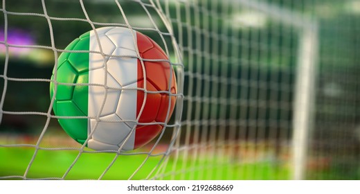 Football ball with flag of Italy in the net of goal of football stadium. Football championship of Italy concept. 3d illustration