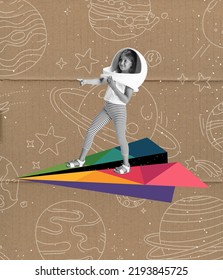 Exploring space. Creative artwork with little girl in huge white astronaut helmet flying on drawn colored aircraft over grey old paper effect background. Ideas, inspiration, imagination. Collage