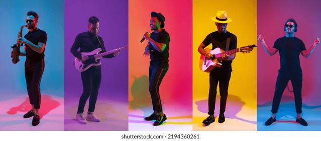 Koncert muzikor. Portrete të muzikantëve pop dhe rock me mjete muzikore të izoluara në sfond shumëngjyrësh në dritë neoni. Koncepti i emocioneve, artit, reklamës dhe muzikës.