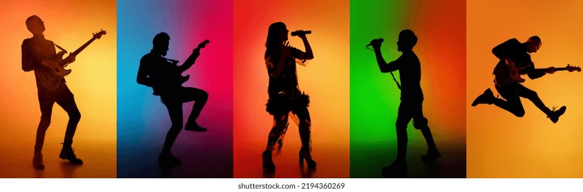 Silhouettes of various musicians playing different instruments over multicolored background in neon. Concept of emotions, art, ad and music. Collage, poster, flyer