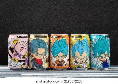 ZHONGSHAN China-August 9,2021:variously flavors sparkling water printed with Dragon Balls characters.