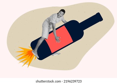 3 d レトロな抽象的な創造的なアートワーク テンプレートのコラージュを叫んで若い男が飛んで反応アルコール ワイン ボトル パーティー ハードに乗って楽しい時を過す