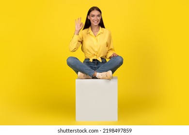 Une femme millénaire heureuse fait un geste d'accord, assise sur un cube sur fond de studio vert, souriant à la caméra. Une femme approuve une offre exceptionnelle. Le concept est OK. Plan complet